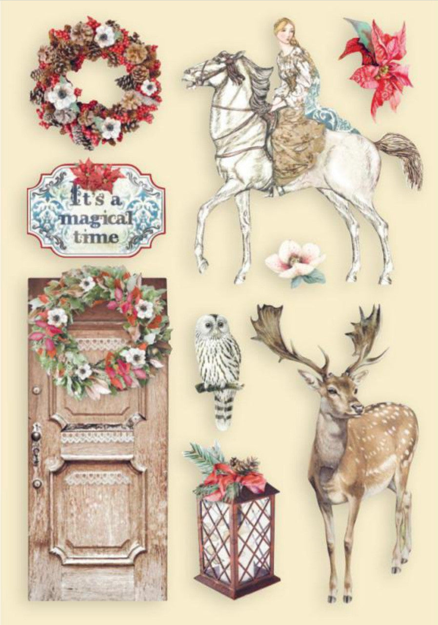 Stamperia Winter Tales Formas de madera de colores de caballos y ciervos